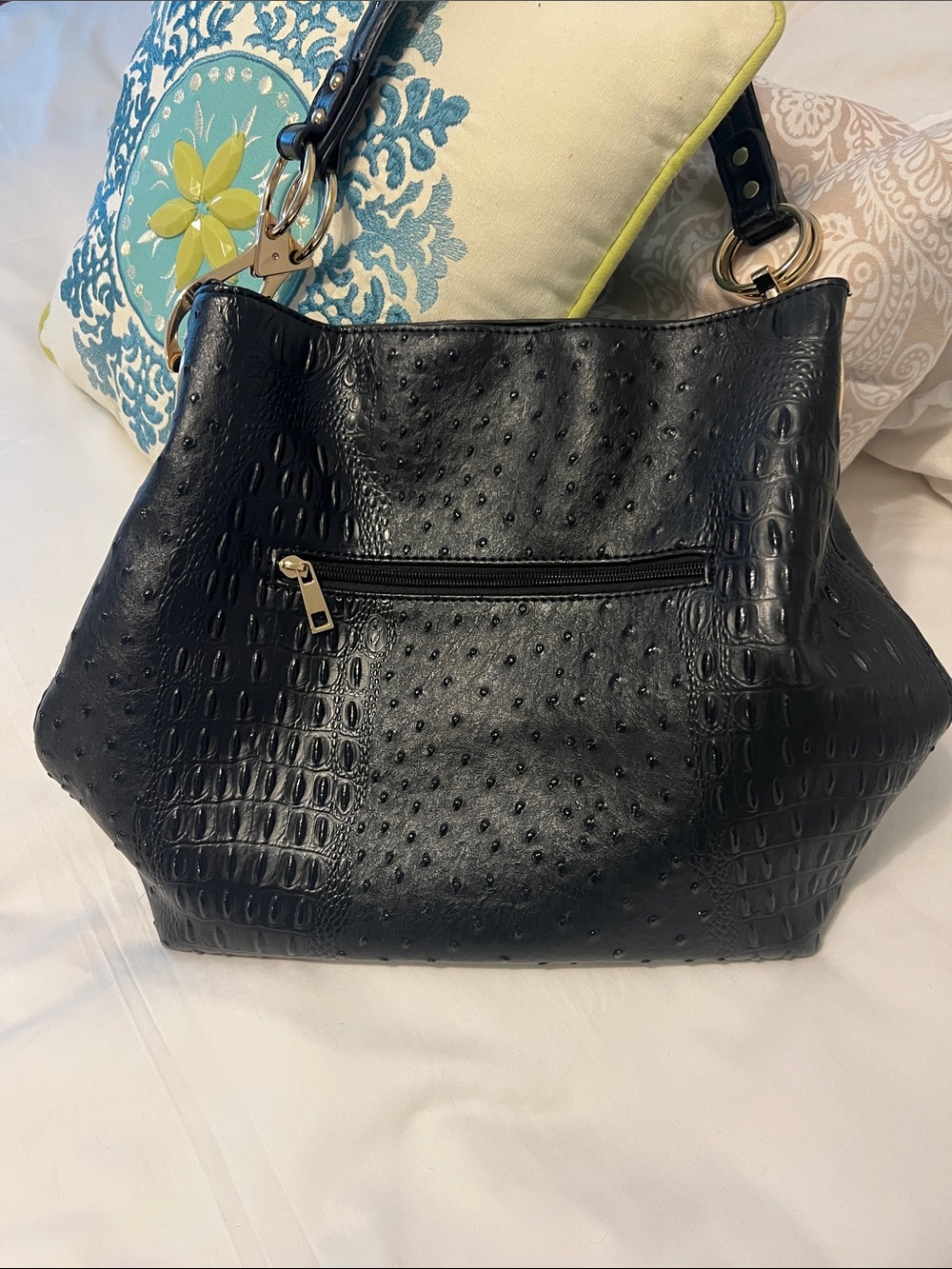 Black Faux Ostrich Leather Tote Handbag